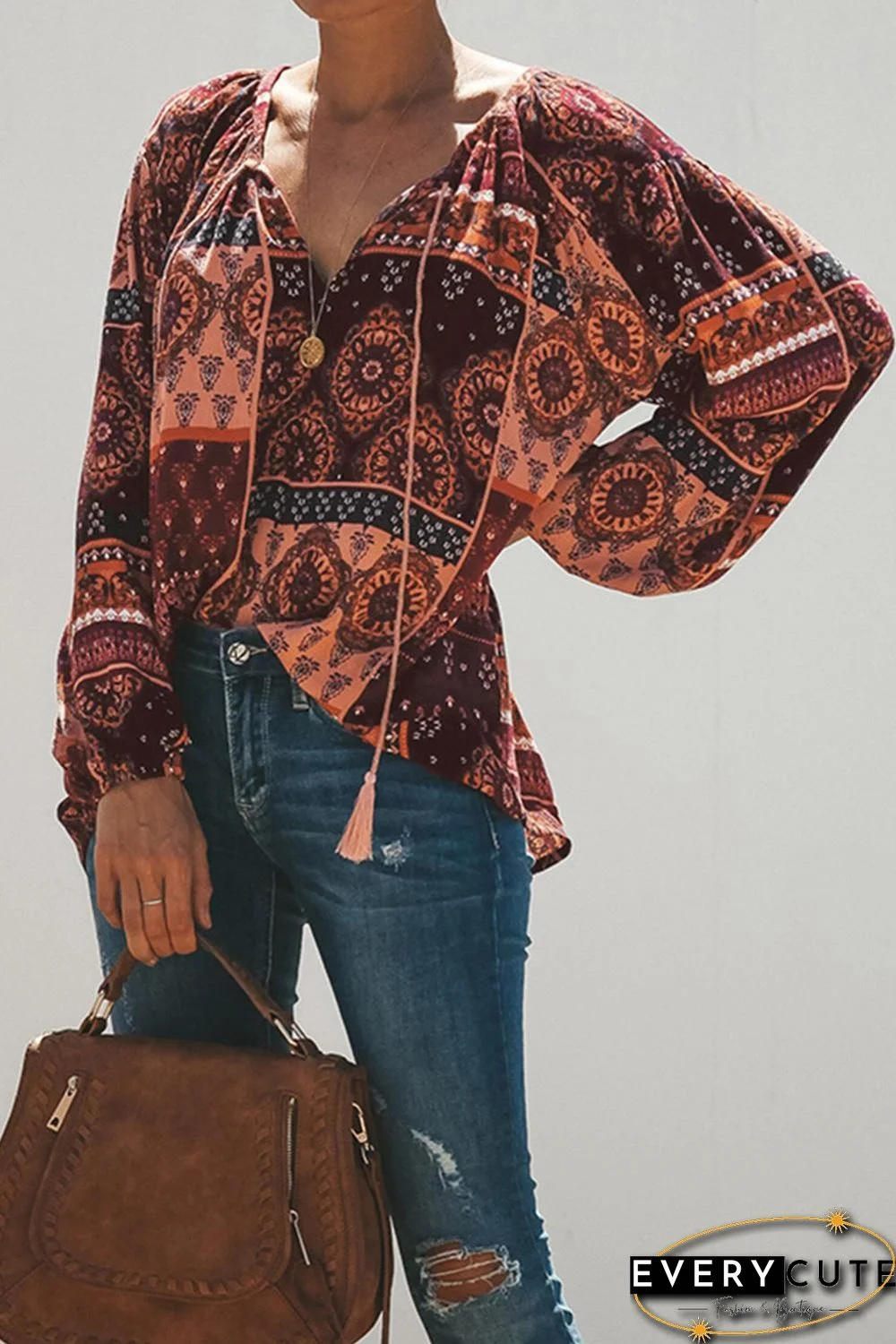 Red Floral Print Peasant Blouse