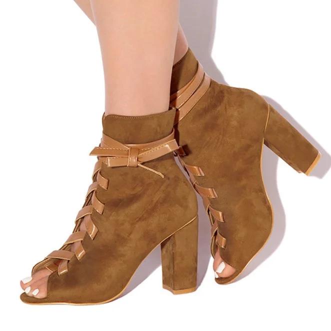 Brown Vegan Suede Lace-Up Boots Retro Chunky Heel Peep Toe Booties |FSJ Shoes