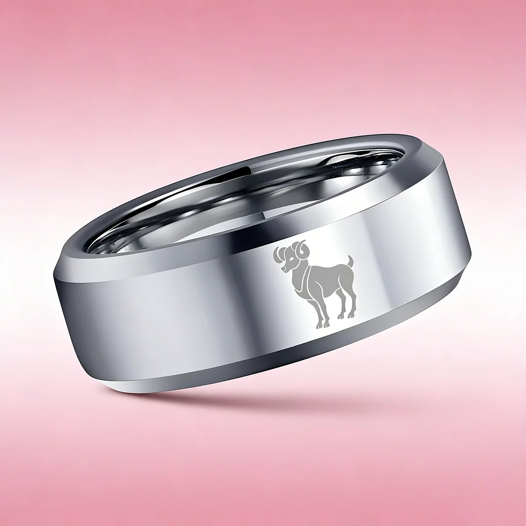 Sliver Aries Couple Wedding Bands Beveled Edges Laser Etched Tungsten Carbide Rings 4MM 6MM 8MM