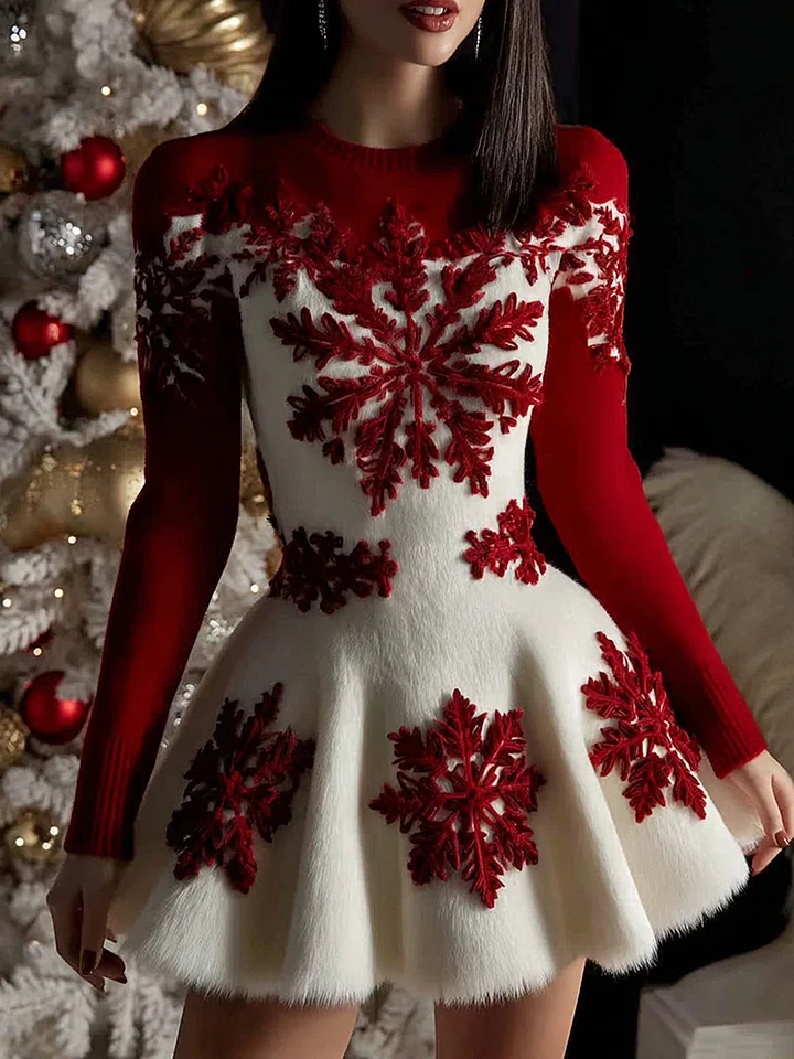 Women's Christmas Snowflakes Art Fur Trim Sweater Midi Dress