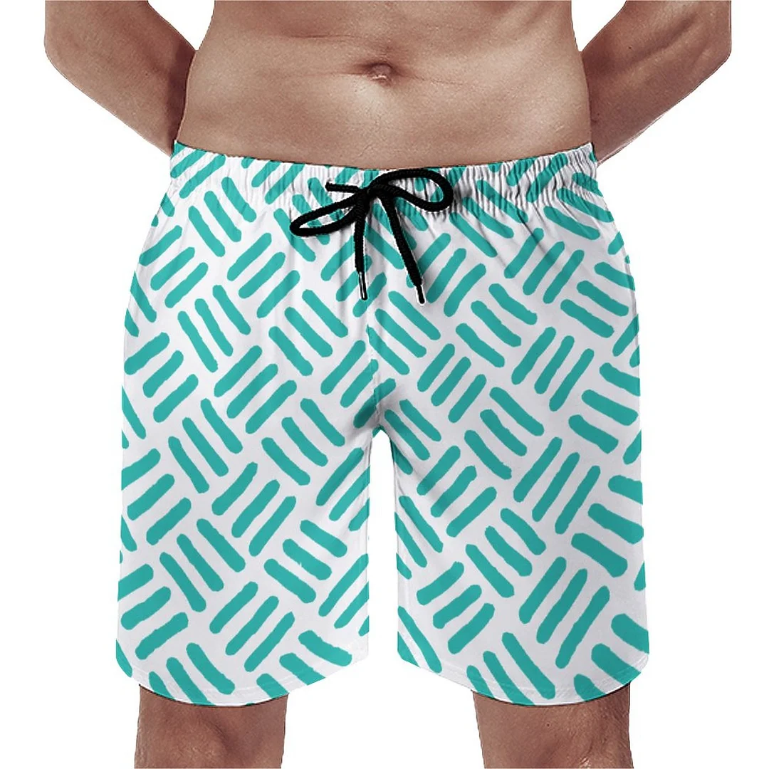 Aqua Criss Cross Green Leaf Herringbone Pattern Men's Swim Trunks Summer Board Shorts Quick Dry Beach Short with Pockets