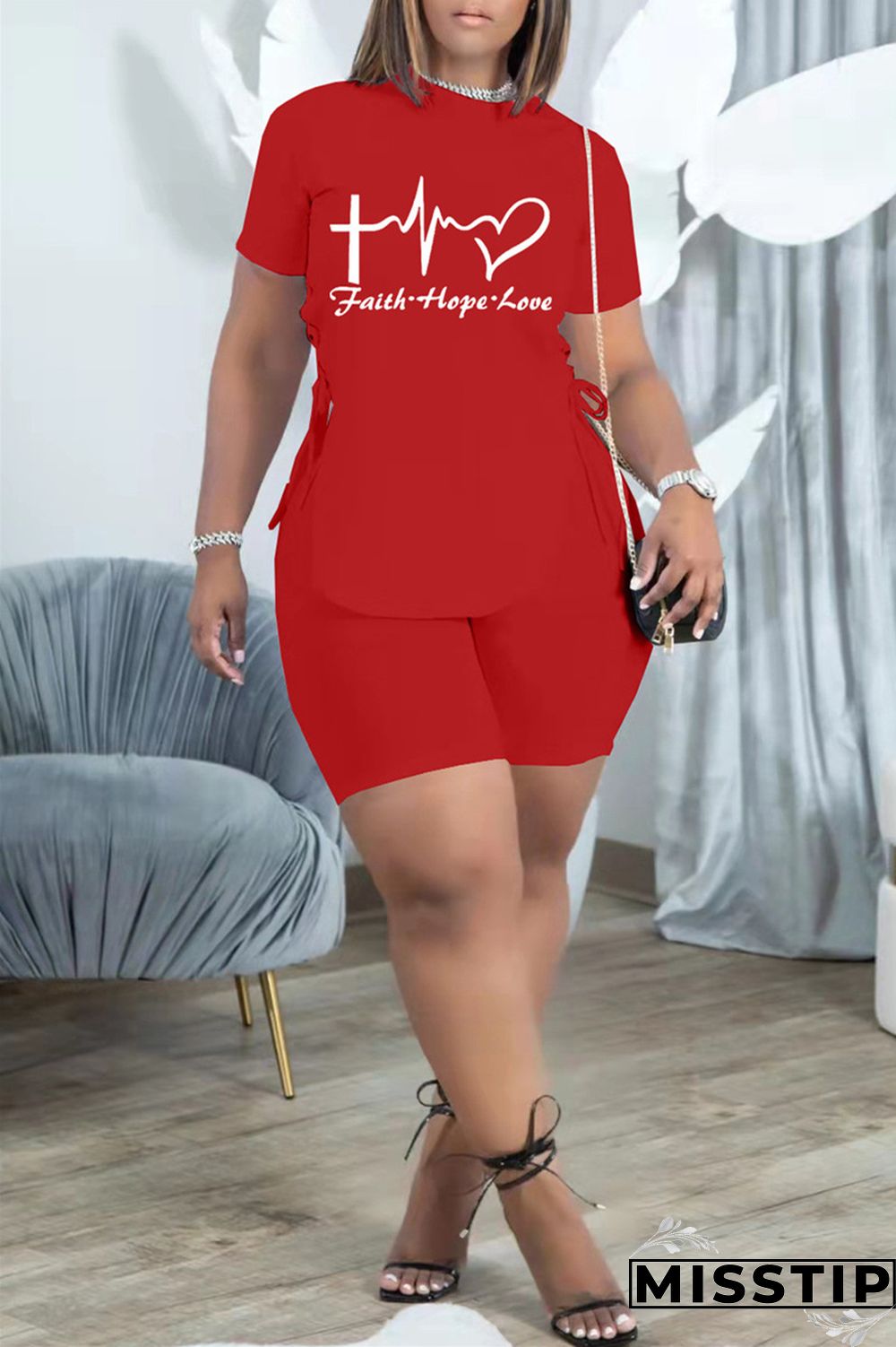 Black Fashion Casual Print Bandage Slit O Neck Short Sleeve Two Pieces