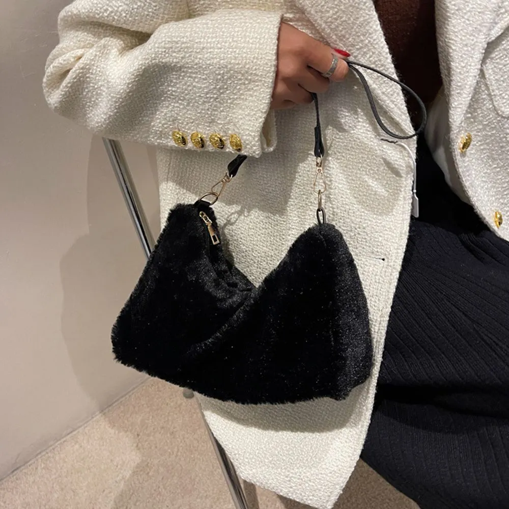 Retro Solid Underarm Bags For Women 2022 Soft Plush Shoulder Bags Female Large Capacity Travel Bag Winter Warm Fluffy Totes Gift