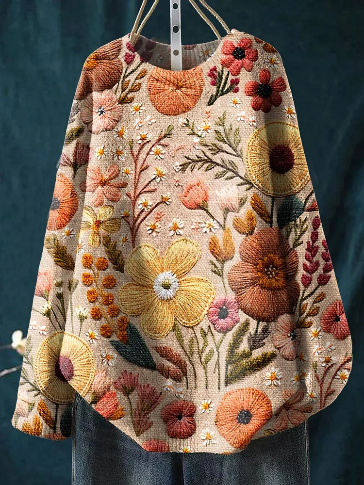 Vintage Flower Art Print Knit Pullover Sweater