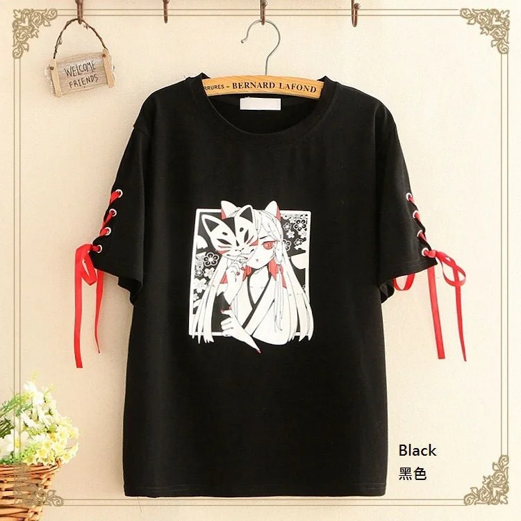 Kawaii Lace-Up Sleeve Print T-Shirt YP731