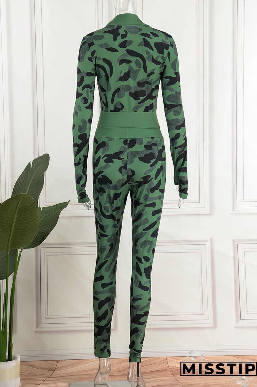 Blue Casual Camouflage Print Patchwork Zipper Long Sleeve Two Pieces