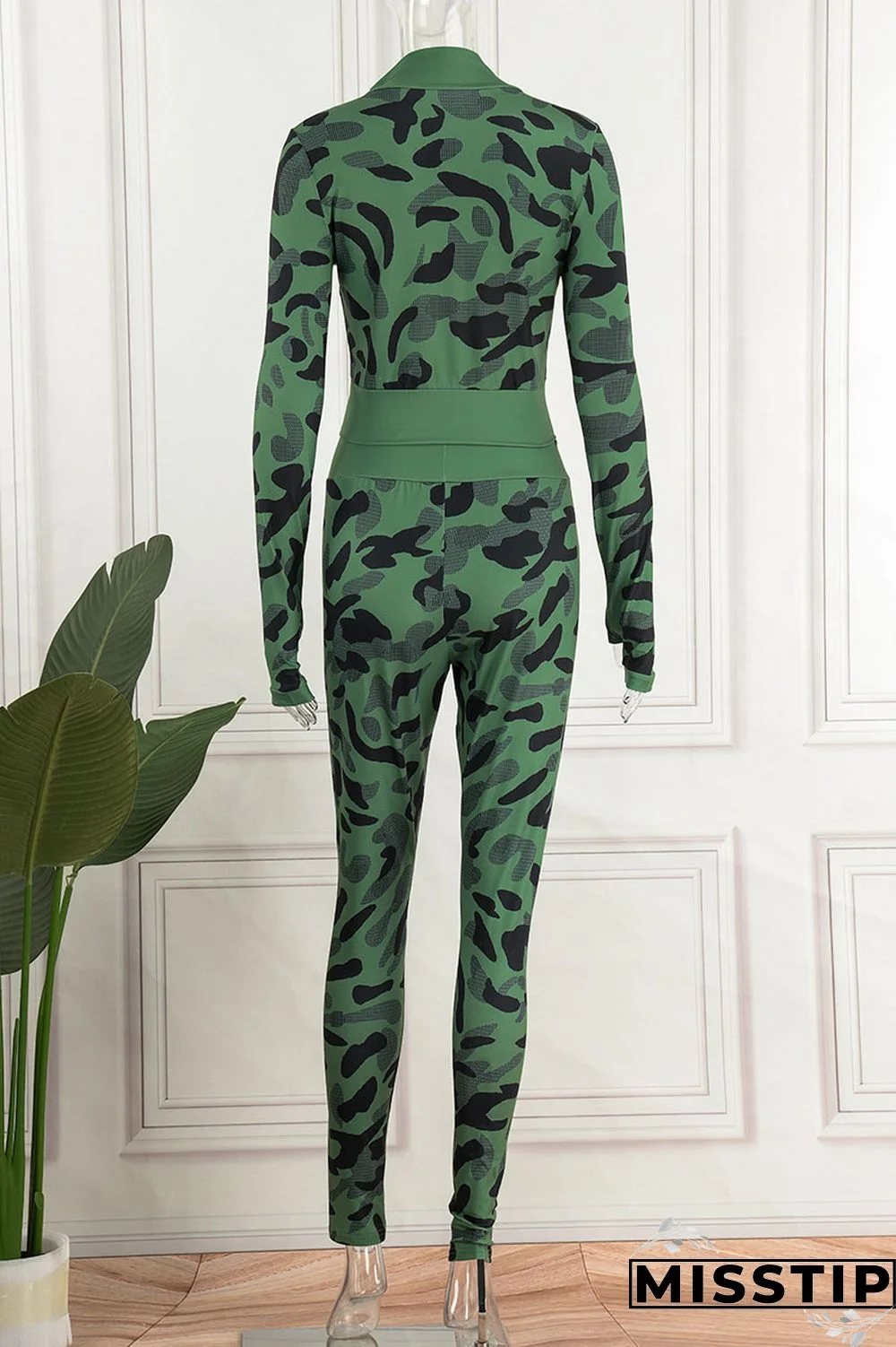 Blue Casual Camouflage Print Patchwork Zipper Long Sleeve Two Pieces