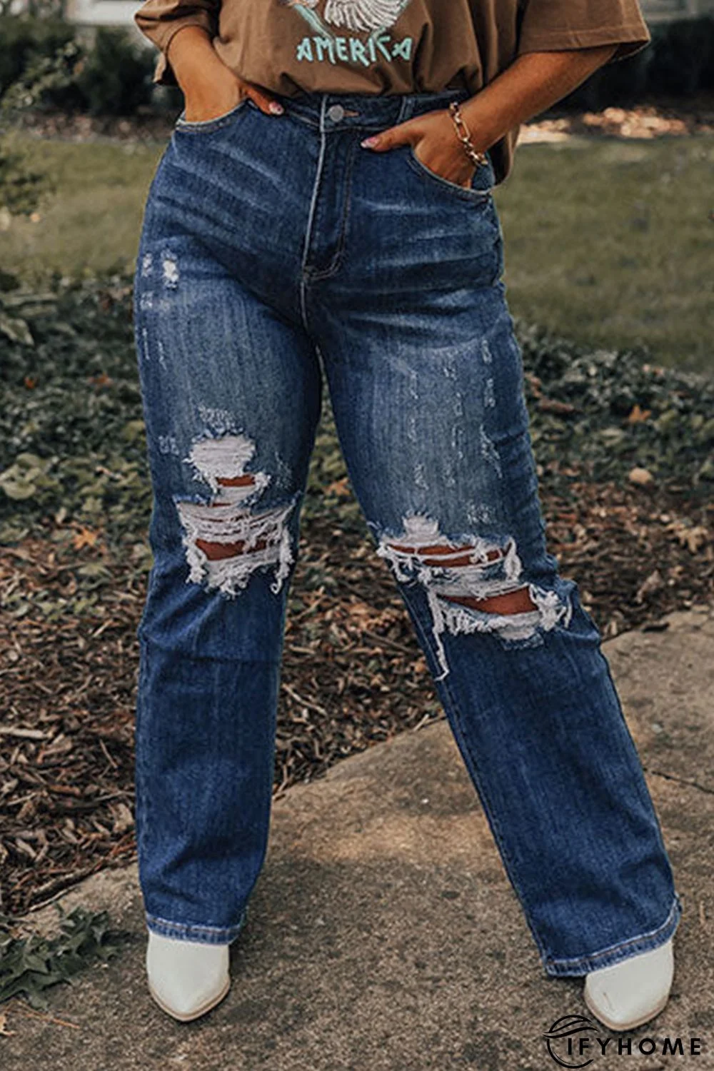 Blue High Waist Distressed Plus Size Jeans | IFYHOME