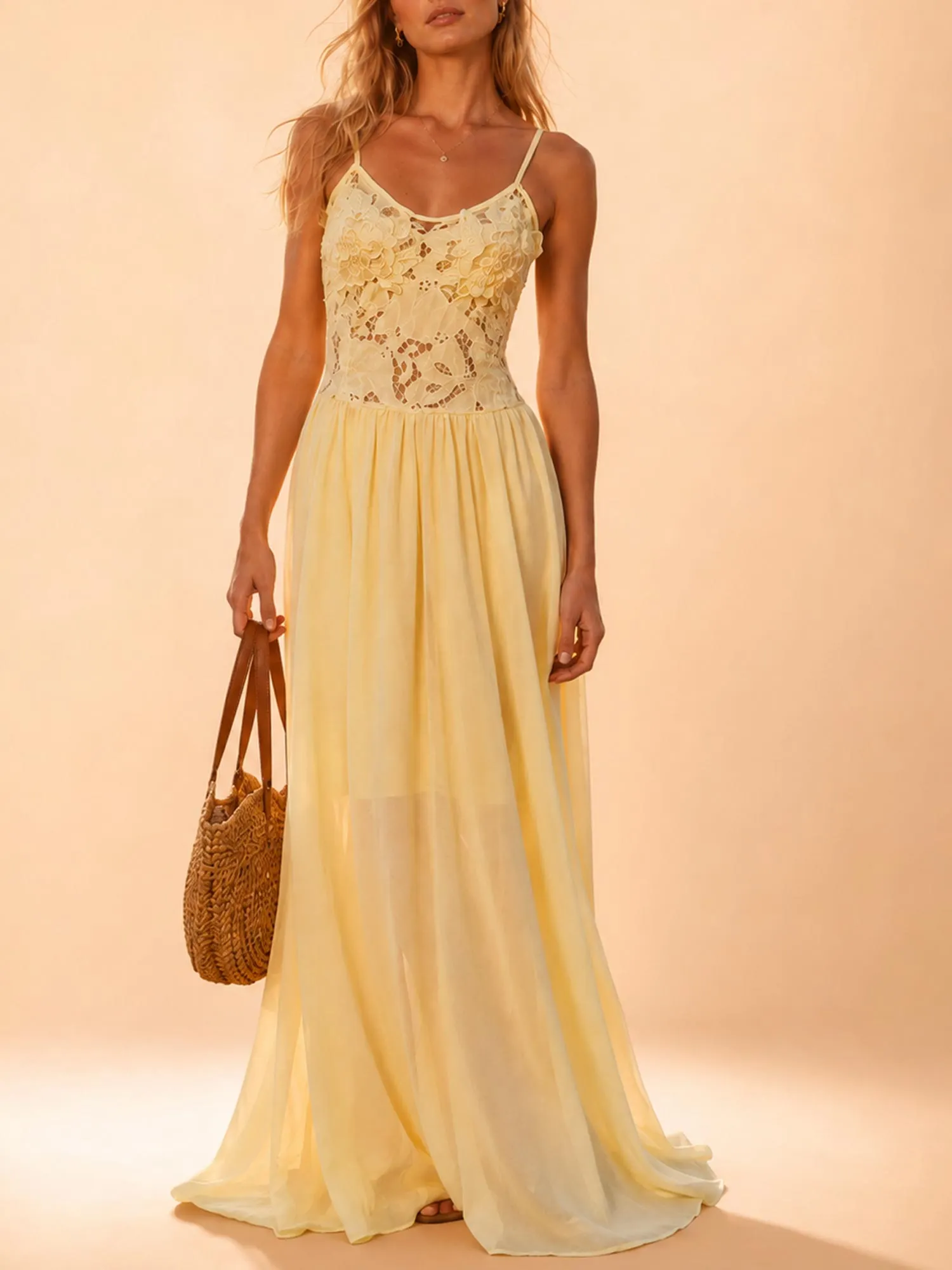 Perfect for a Coastal Vacation &mdash;Women's Pastel  Floral Lace Chiffon Maxi Dress