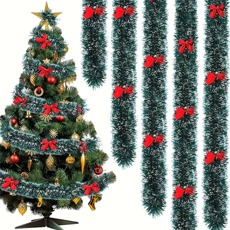 Tegooe Classic Christmas Tinsel Garland and Red Bow Set - Festive Tree Hanging Decorations