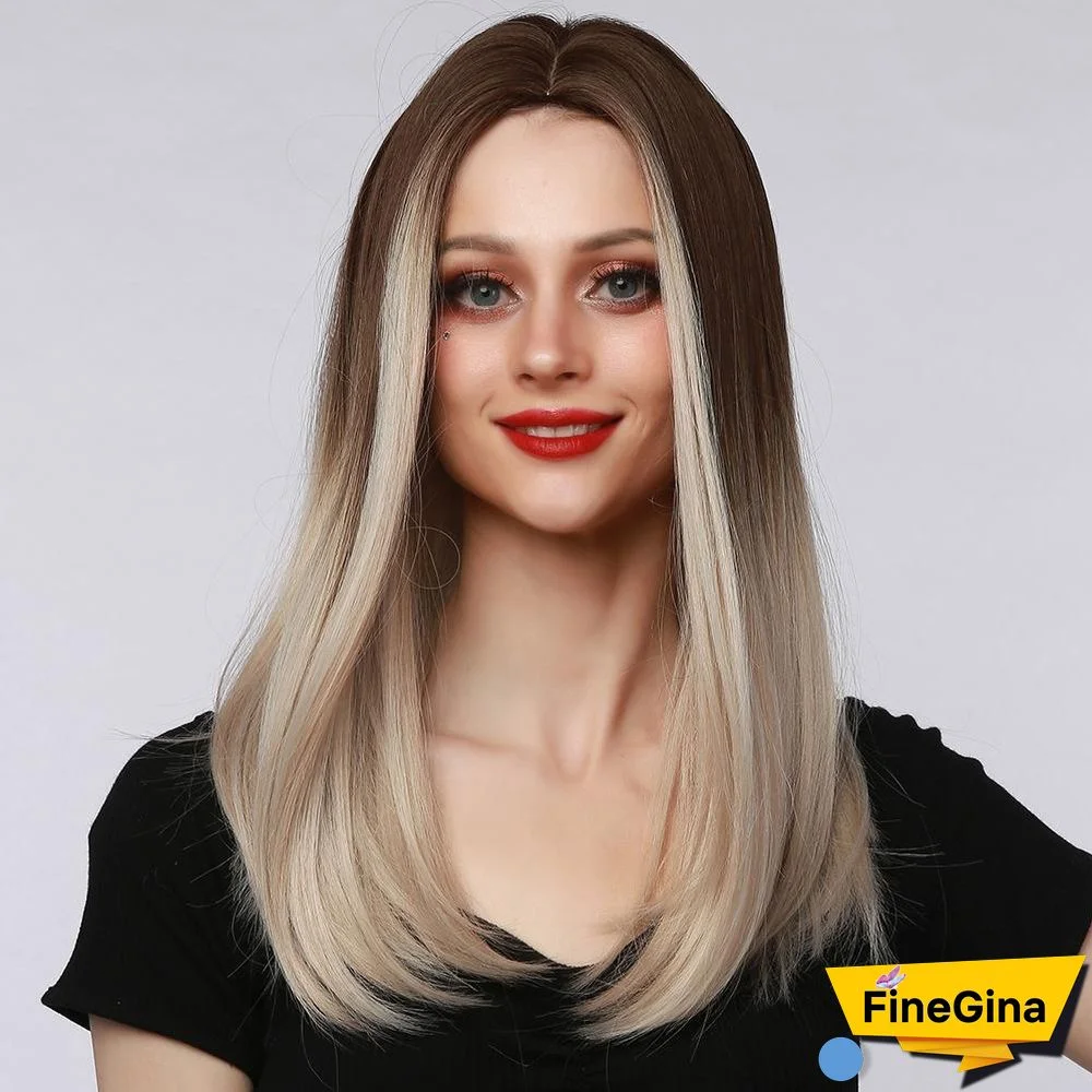 Foreign Trade Wig Women's Middle Split Brown Gradient Gold Medium Long Straight Hair