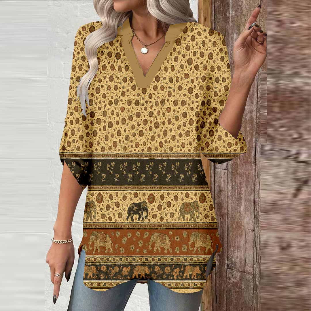 Women Bohemian,Black,Orange DZGA0299 3/4 Sleeve V-neck Printed Graphic Button Tops