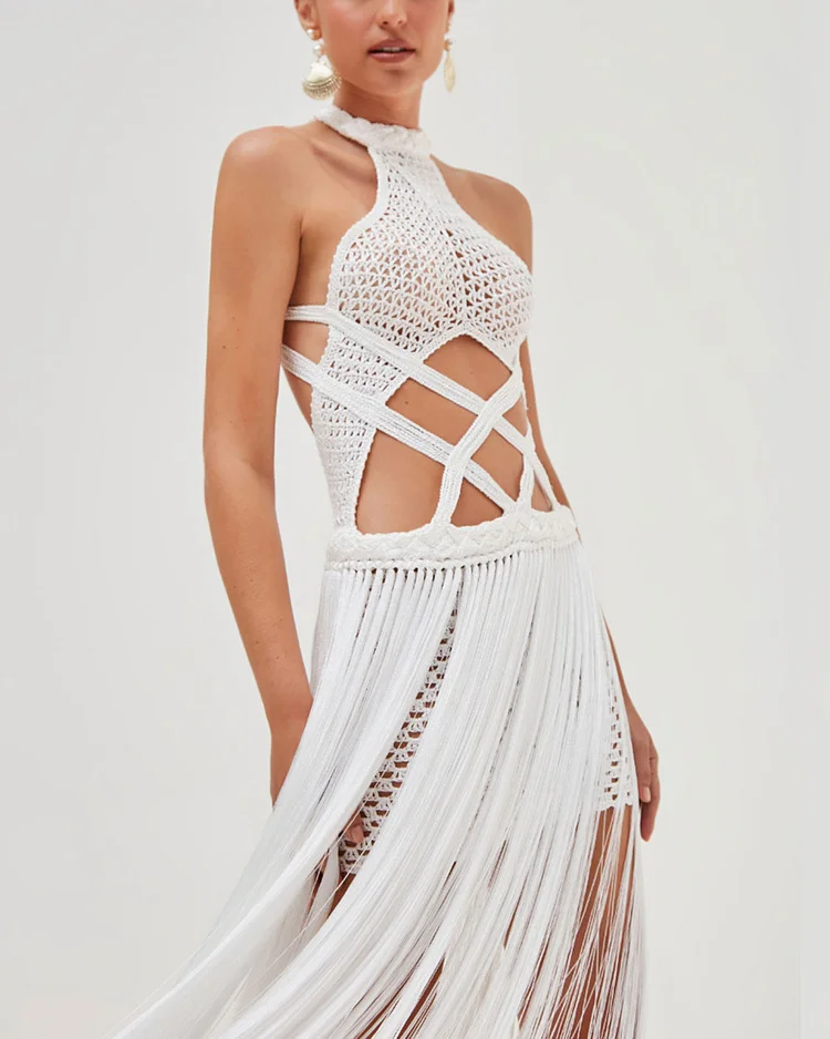 White Crochet Fringed Dress