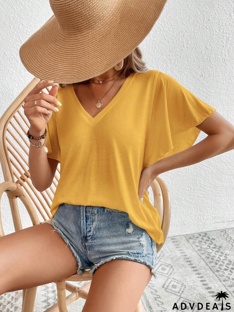 Solid V Neck Butterfly Sleeve Tee