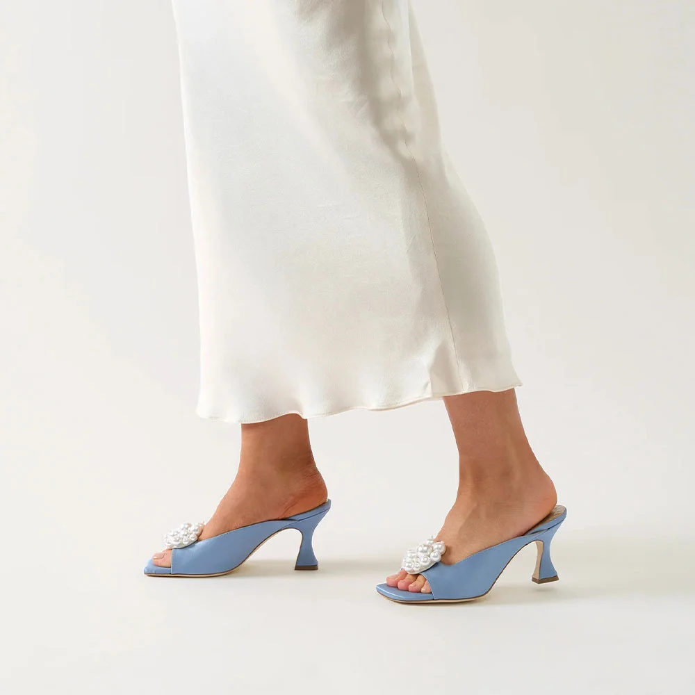 Light Blue Wide Strap Square Toe Women's Mule Shoes with Pearls