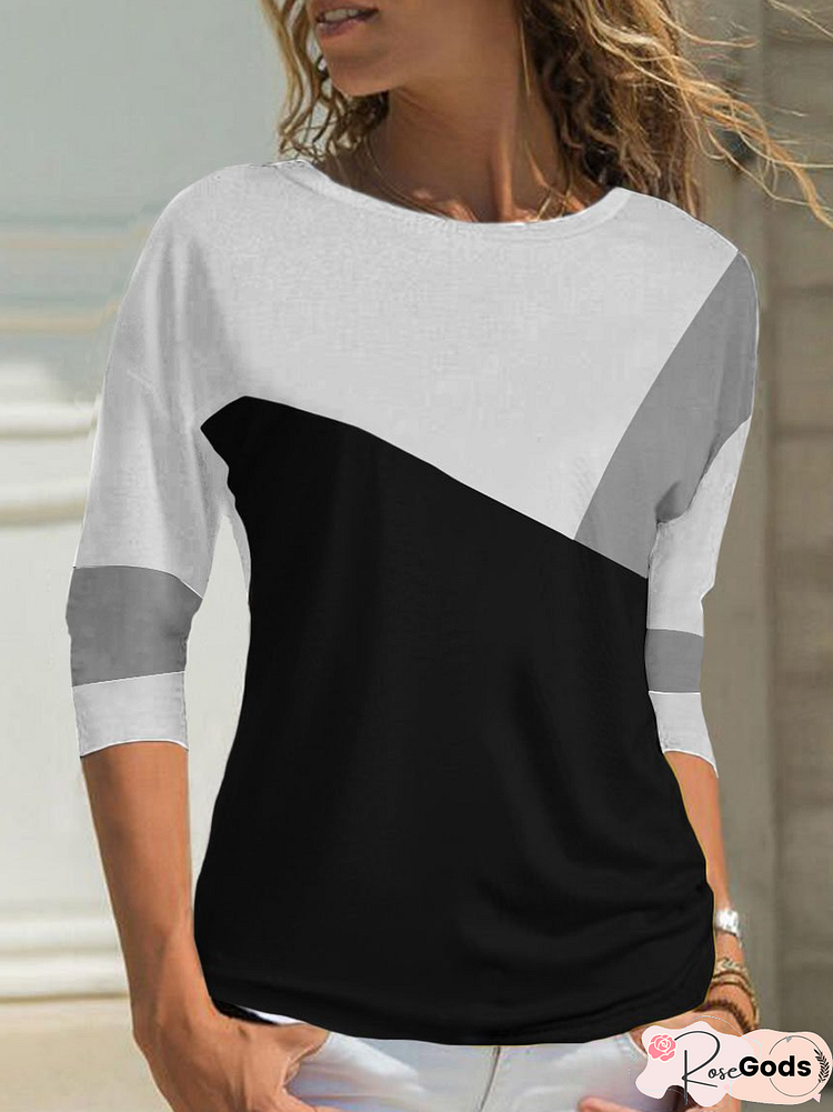 Women Casual Color Block White and Black Long Sleeve Shirts & Tops