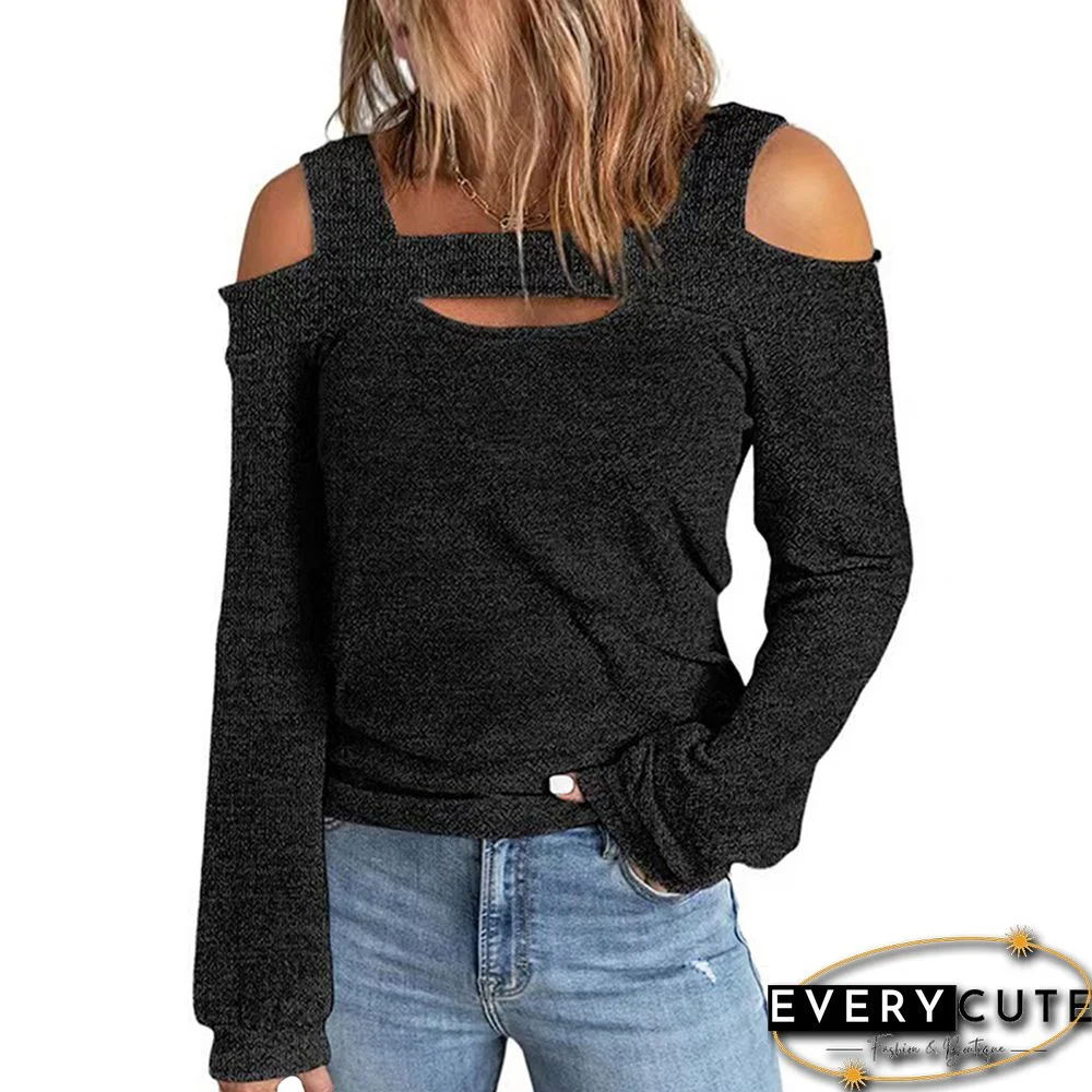 Black Cut-out Cold Shoulder Long Sleeve Tops