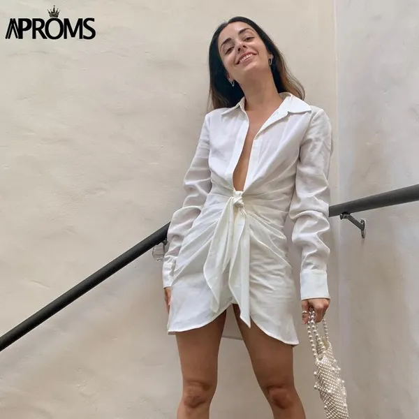 Elegant Deep V-Neck White Shirt Dress Women Summer Sexy Waist Tie Mini Vocation Street
