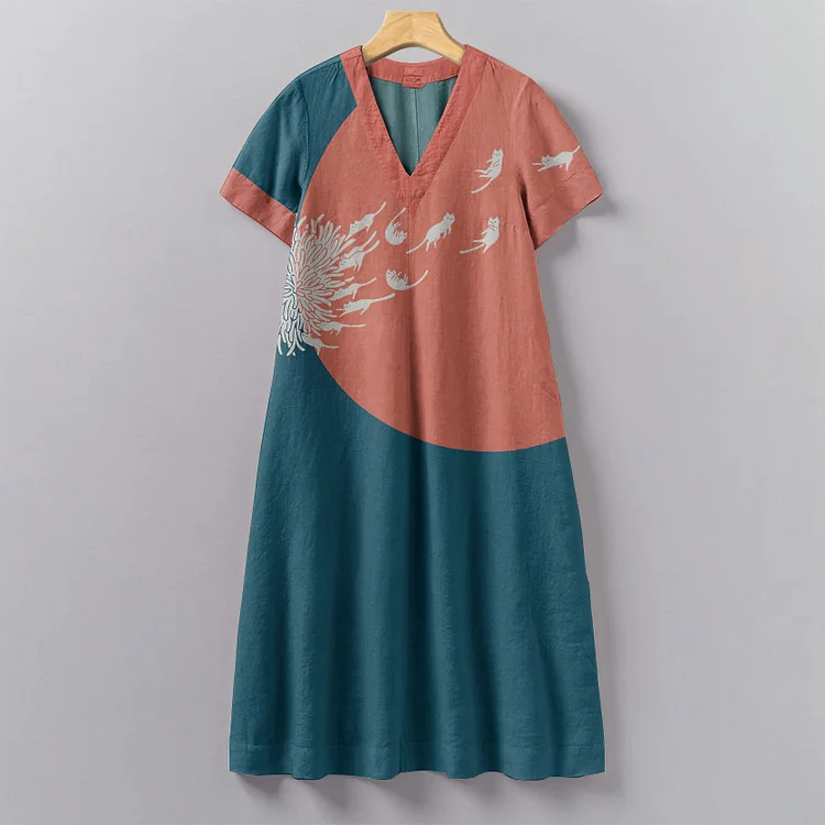 Vintage Abstract Creative Dandelion And Cat Painting Art Pattern Painting V-Neck Dress