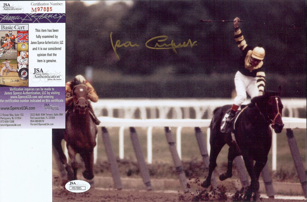 Triple Crown Winner Jean Cruguet autographed 8x10 riding Seattle Slew JSA Cert