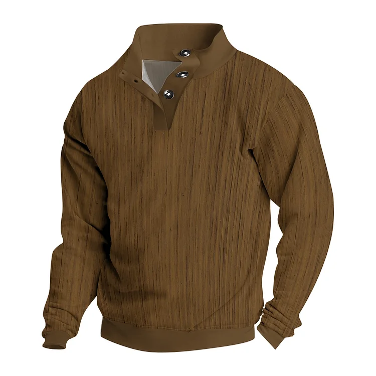 Men's Solid Color Brown Stripes Casual Printed Button Stand Collar Sweatshirt
