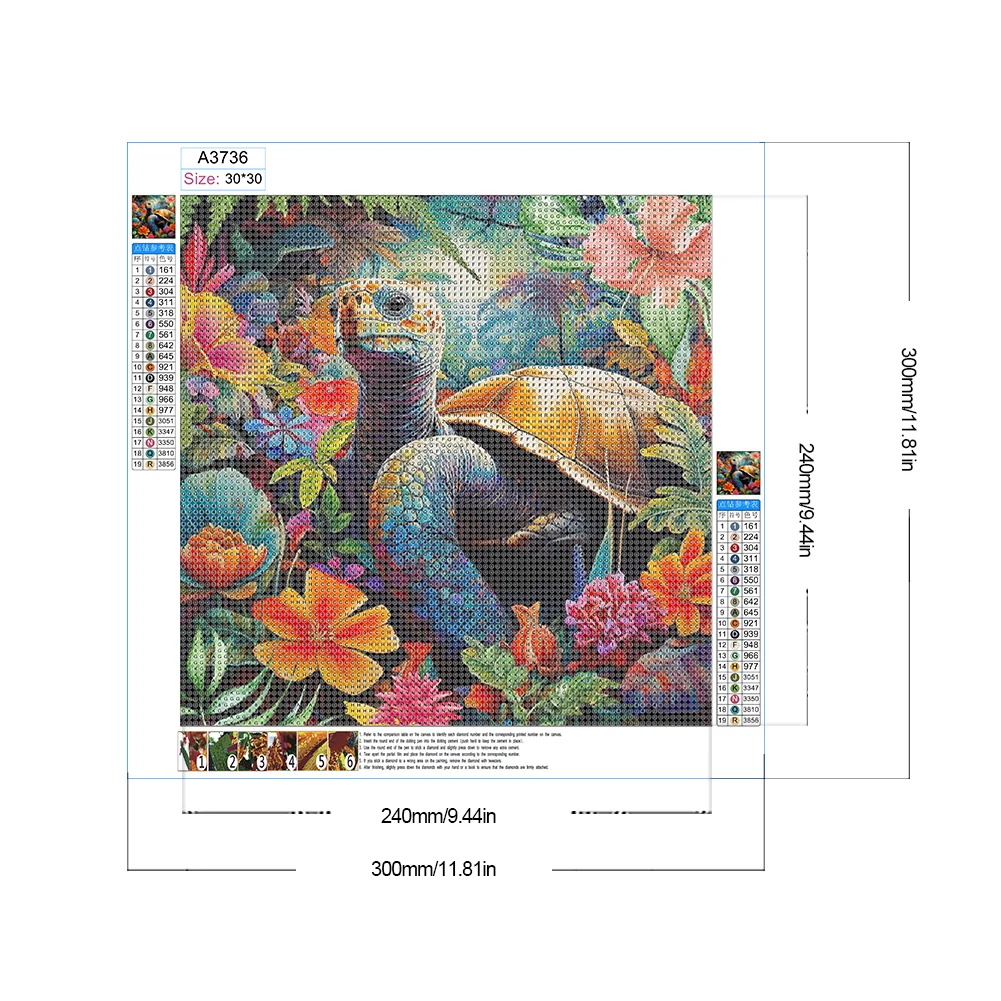 Full Round Diamond Painting 30*30cm - Tortoise And Flowers
