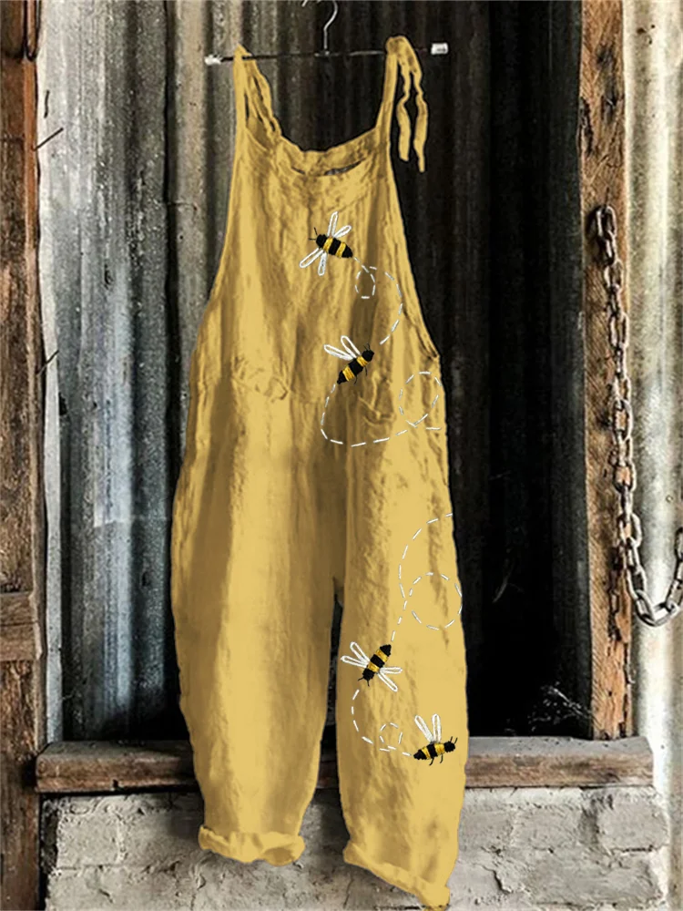 Flying Bees Embroidered Linen Blend Jumpsuit-mysite