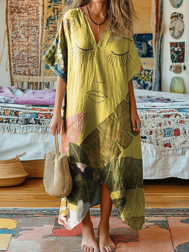 Women's Retro Tropical Plant Sleeping Face Art Print V-Neck Cotton Short Sleeve Dress