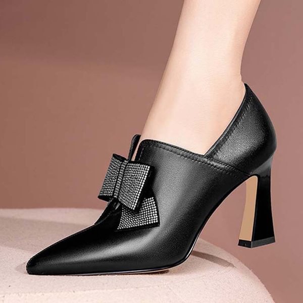 8Cm Heels Women Leather Ankle Boots Ladies High Heels Diamond Bow Booties Pointed Toe Black Dress Shoes - Shop Trendy Women's Clothing | LoverChic