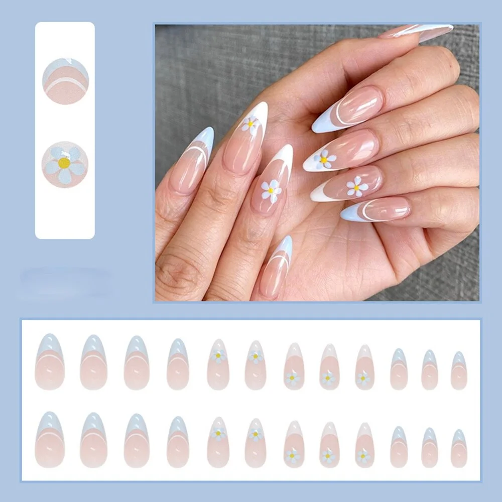 Applyw Almond Daisy Design Fake Nail Detachable French Colorful Side False Nails Wearable Full Cover Nail Tips Press on Nails