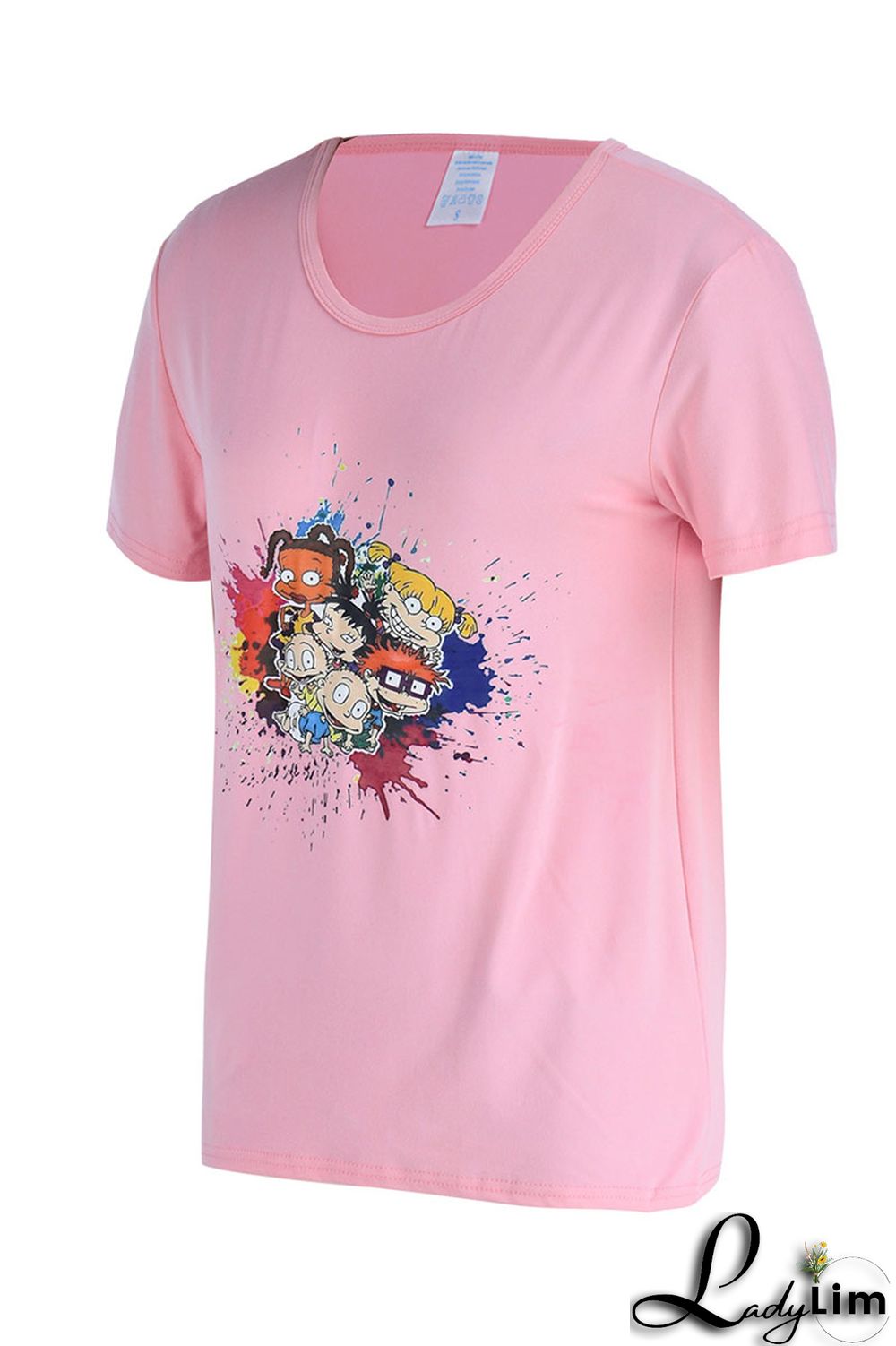 Pink Fashion Casual Cartoon Print Basic O Neck T-Shirts