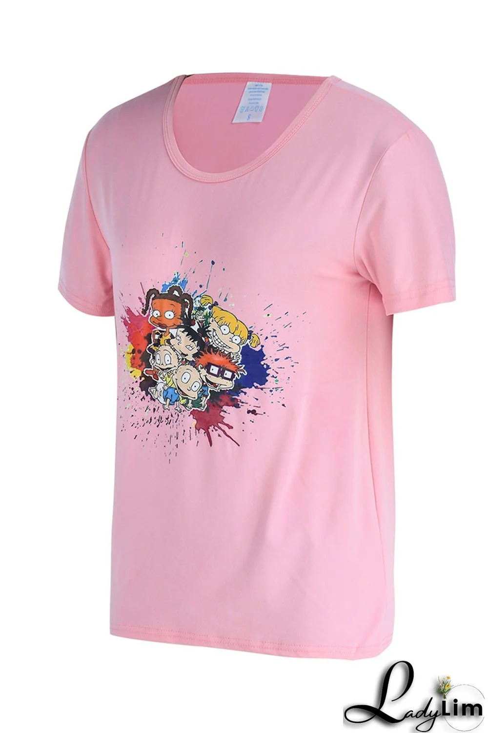 Pink Fashion Casual Cartoon Print Basic O Neck T-Shirts