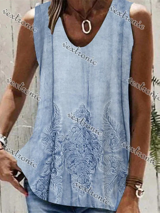 Women Sleeveless V-neck Floral Printed Graphic Top