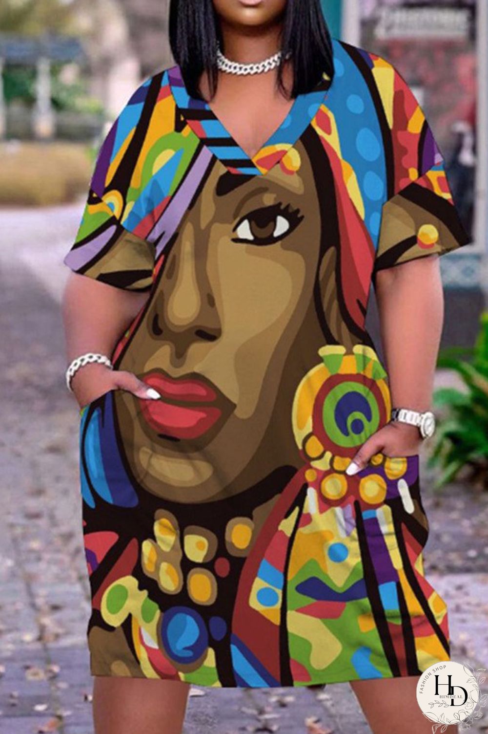 Multicolor Casual Street Print Patchwork V Neck Straight Dresses