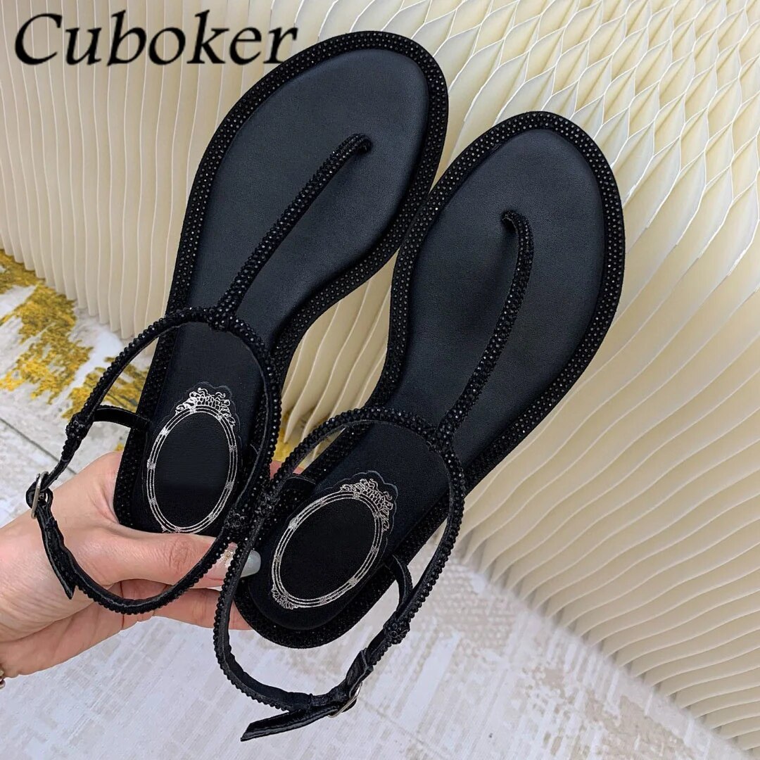 VCshoes Runway Flat Flip Flops Women Crystal Sandals Buckle Ankle Strap Ladies Causal Flats Vacation Shoes Women Sandals