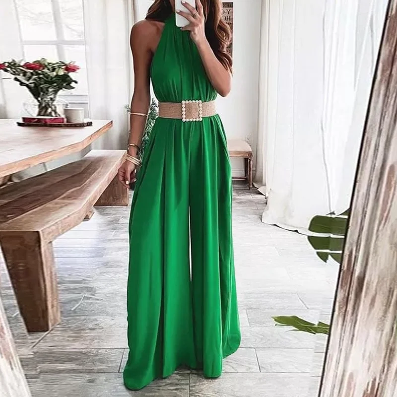 Toloer Celmia Summer Sleeveless Long Rompers 2022 Fashion Sexy O-neck Gathers Waisted Jumpsuits Back Zipper Women Wide Leg Pant Overall