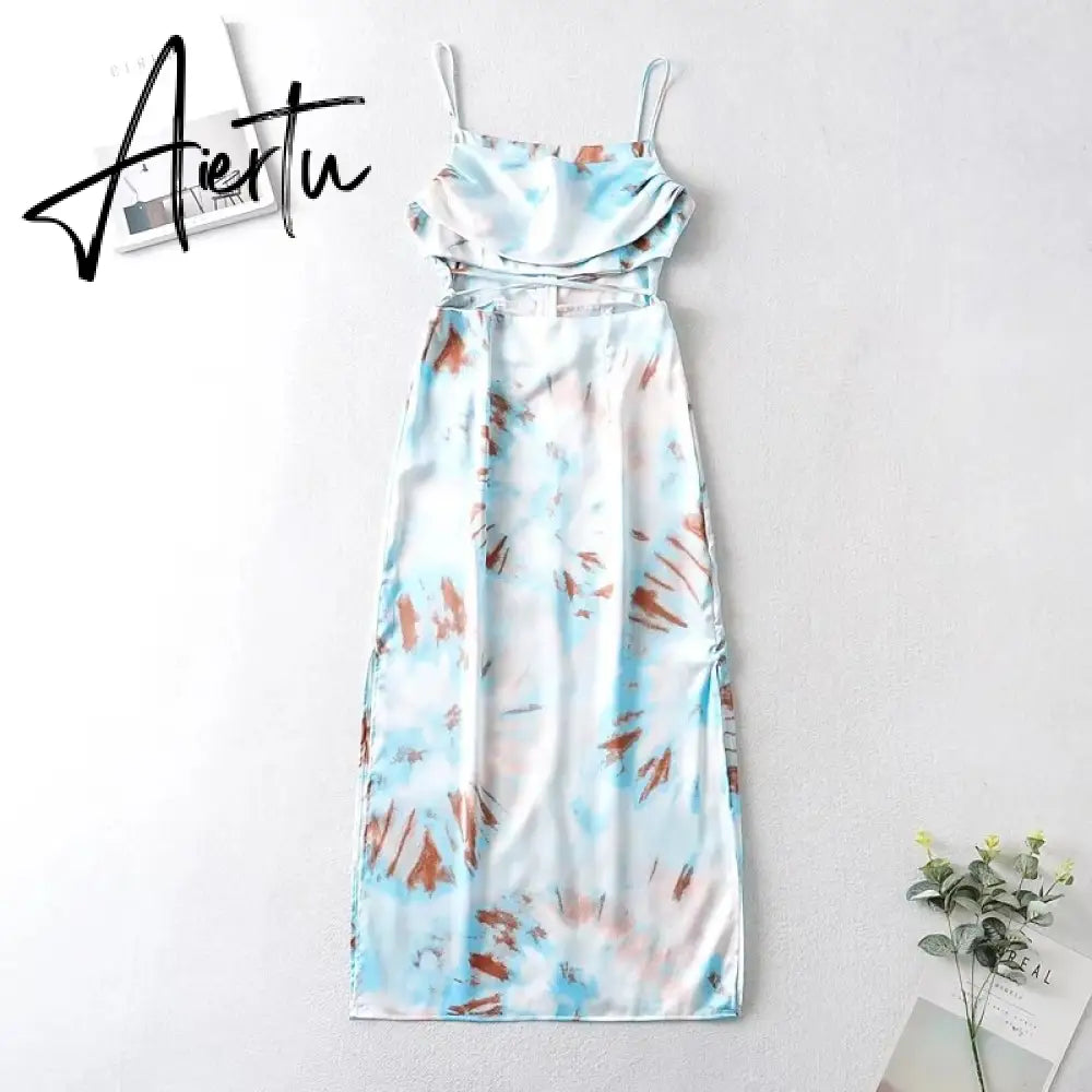 Waist Cut Out Criss Cross Sexy Summer Tie-dyed Midi Dress Ladies Elegant Beach Boho Slip Long Dress Sleeveless Sundress Aiertu