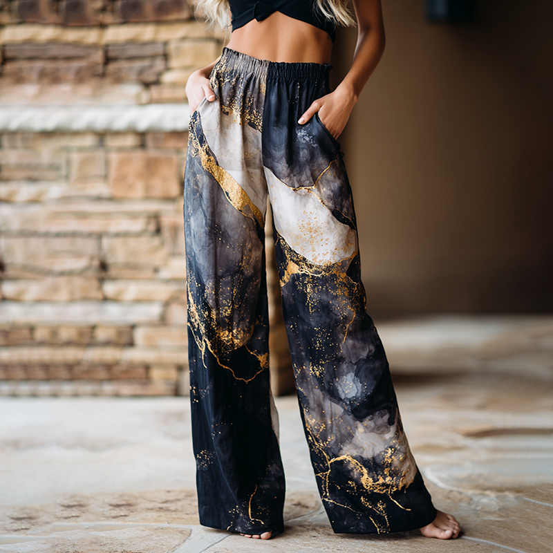 Comstylish Women's Vintage Marble Pattern Art Print Flowy Linen Blend Casual Pants