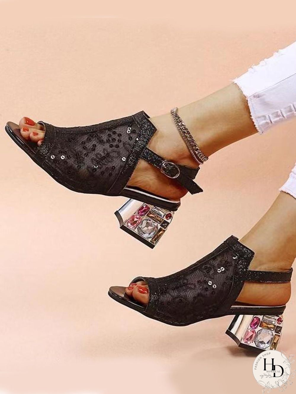 Mesh Sequined Fish Mouth Chunky Heel Sandals