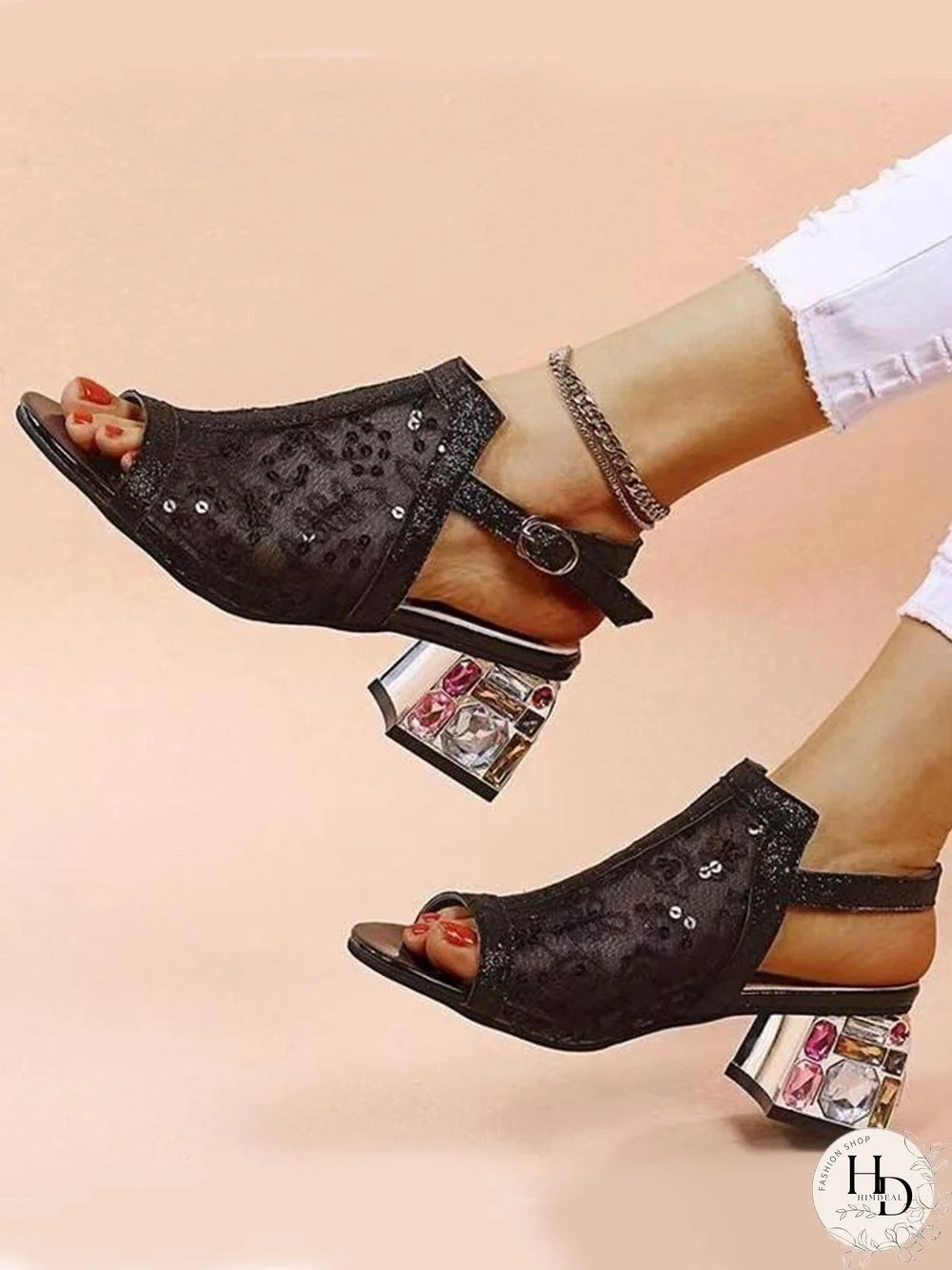 Mesh Sequined Fish Mouth Chunky Heel Sandals