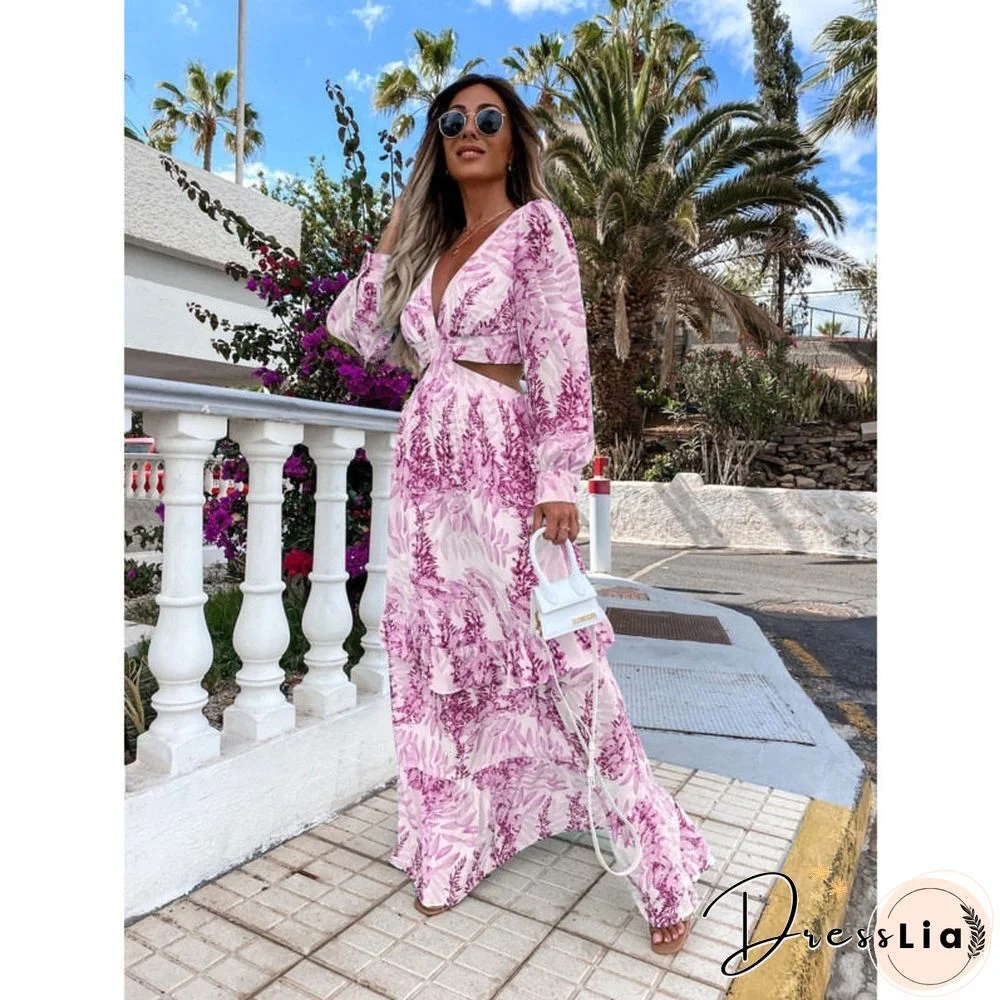 Back To School Outfit  Women Sexy Maxi Dress Summer V-Neck Backless Hollow Out Lantern Sleeve Club Party Long Dresses Female Tunic Beach Cover Up