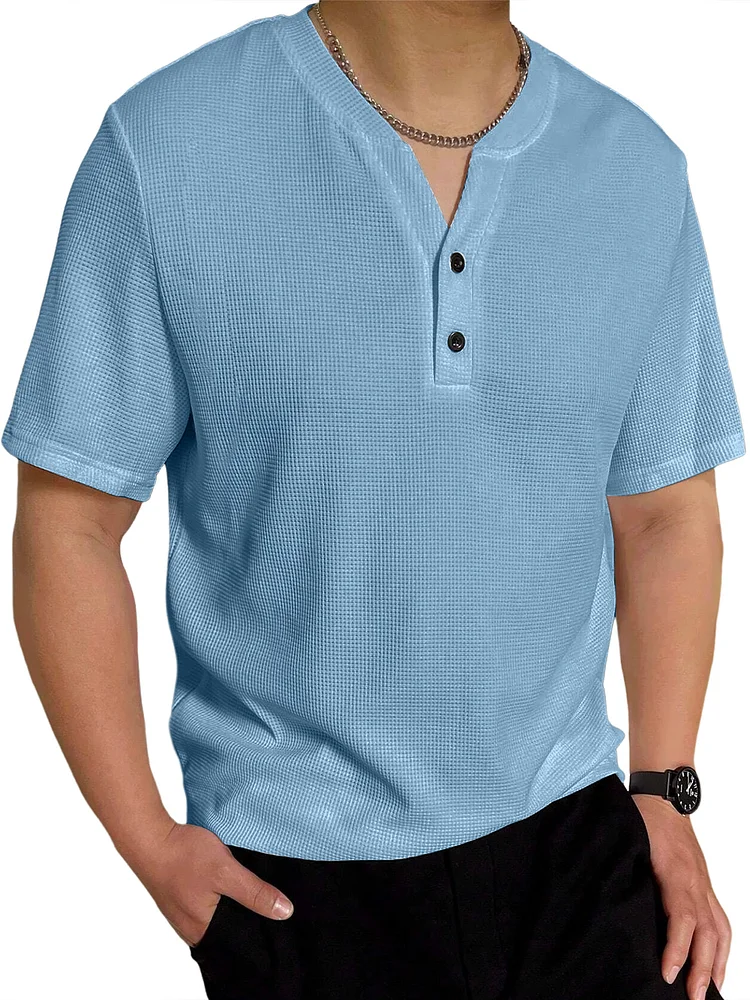 Men's waffle V-neck casual solid color two-button short-sleeved henley shirt