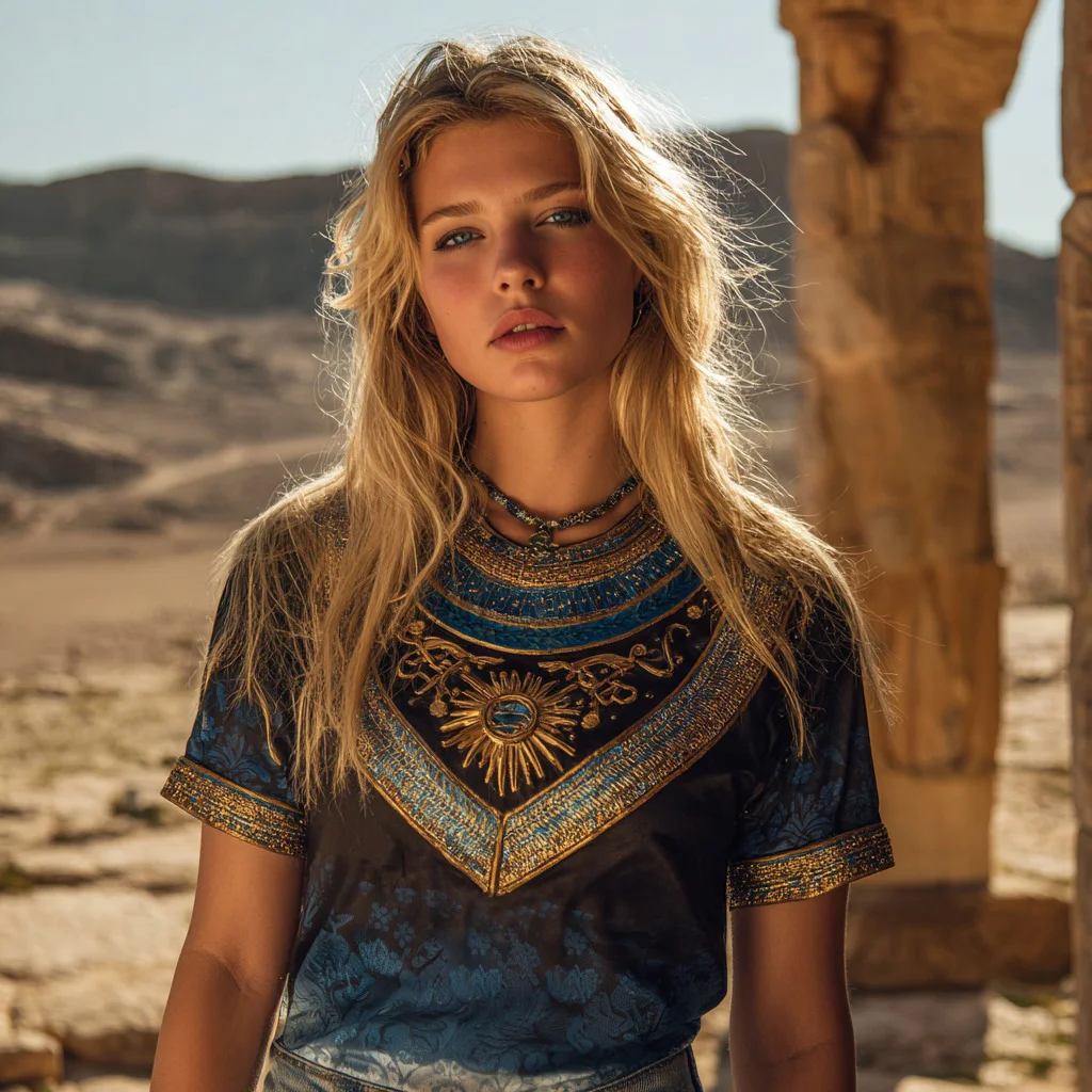 Ancient Egyptian Sun Disk Embroidered Gradient Art T-shirt