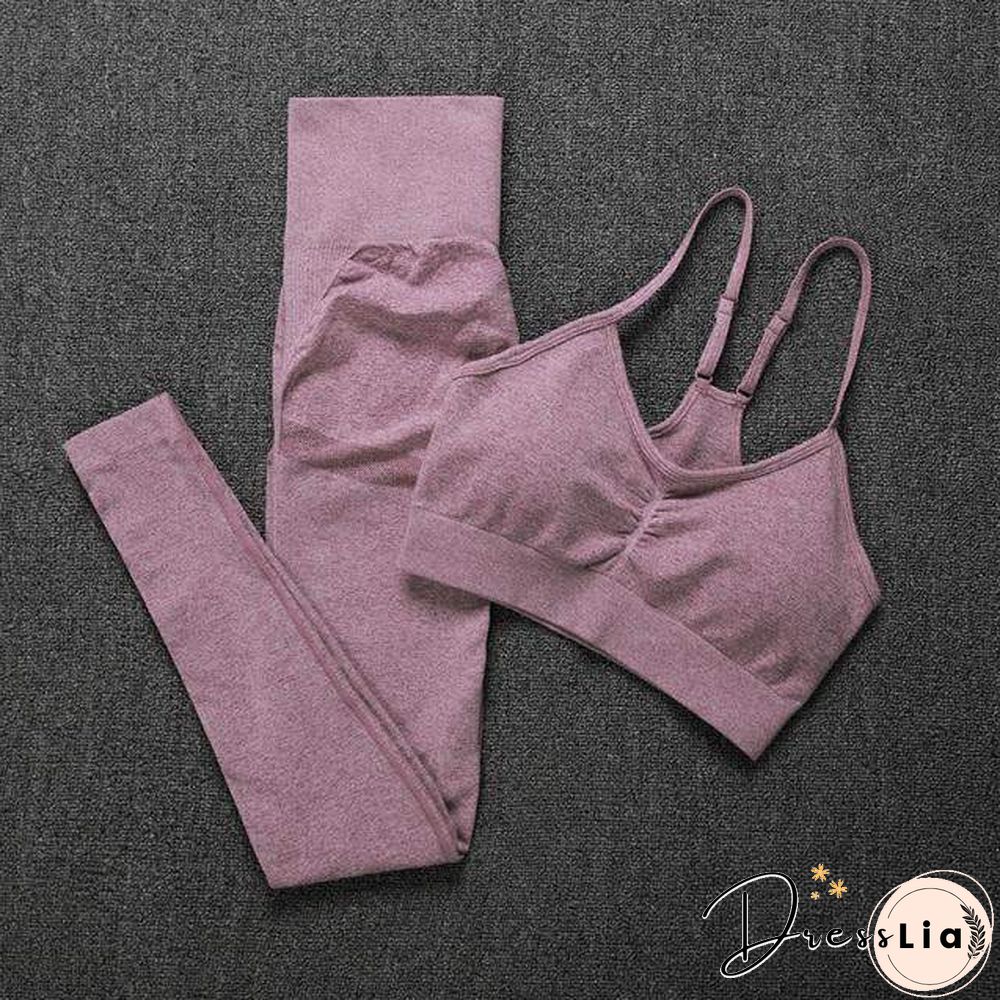 Solid Seamless Gym Two Piece Set Women High Stretchy Tracksuit Women Sports High Waist Leggings Workout Pants Sets Women