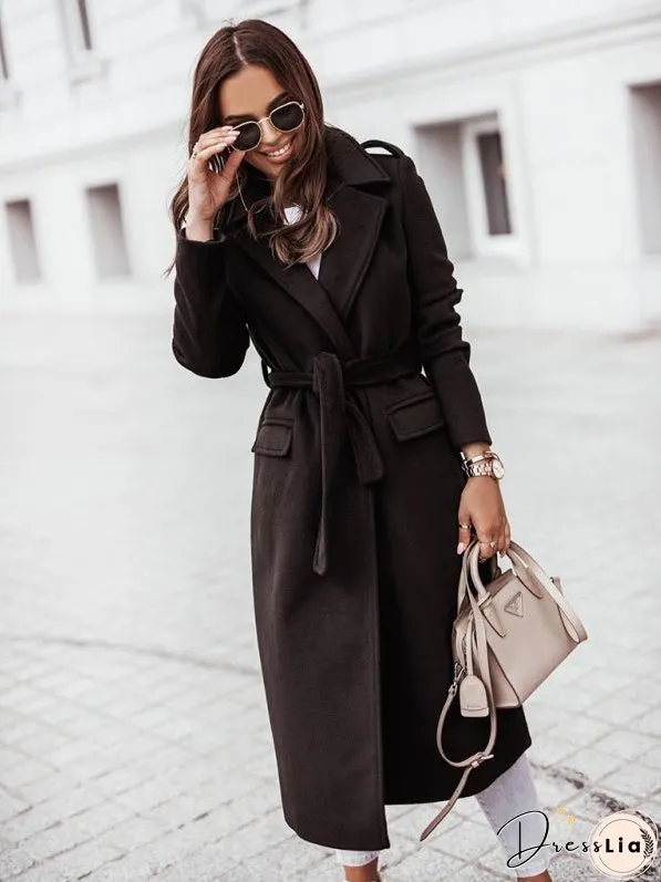 Autumn and Winter Simple Long-Sleeved V-Neck Tie Jacket