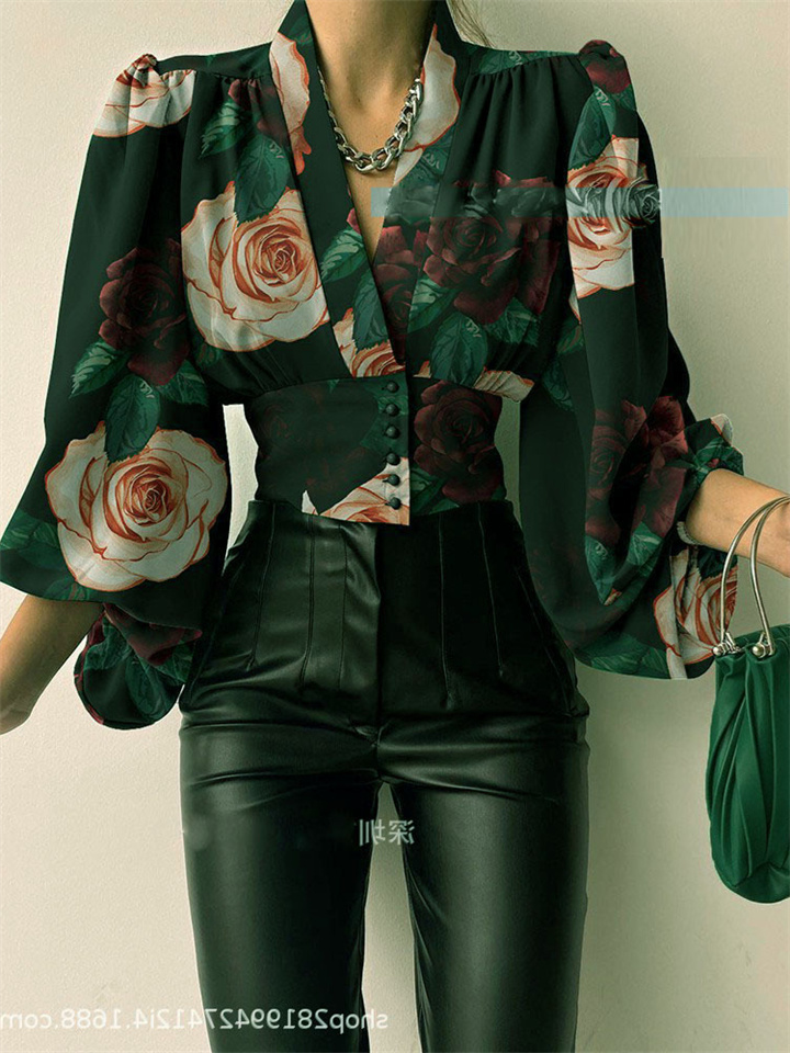 Spring New Solid Color Slim Temperament Long-sleeved Button V Collar Urban Trend Set Head Lantern Sleeve Blouse Shirt