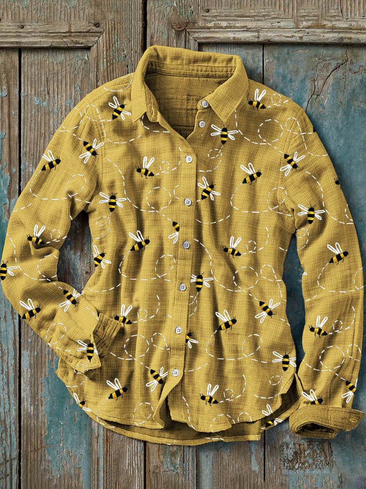 Comstylish Flying Bees Embroidery Pattern Linen Blend Blouse