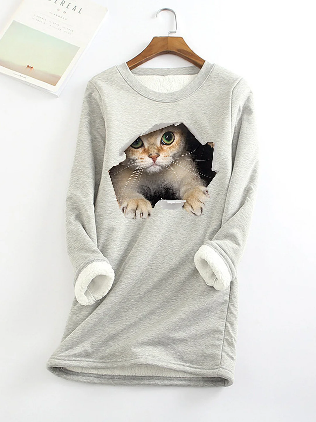 Casual Crew Neck Fluff/Granular fleece fabric Loose H-line Cat Sweatshirt Tops