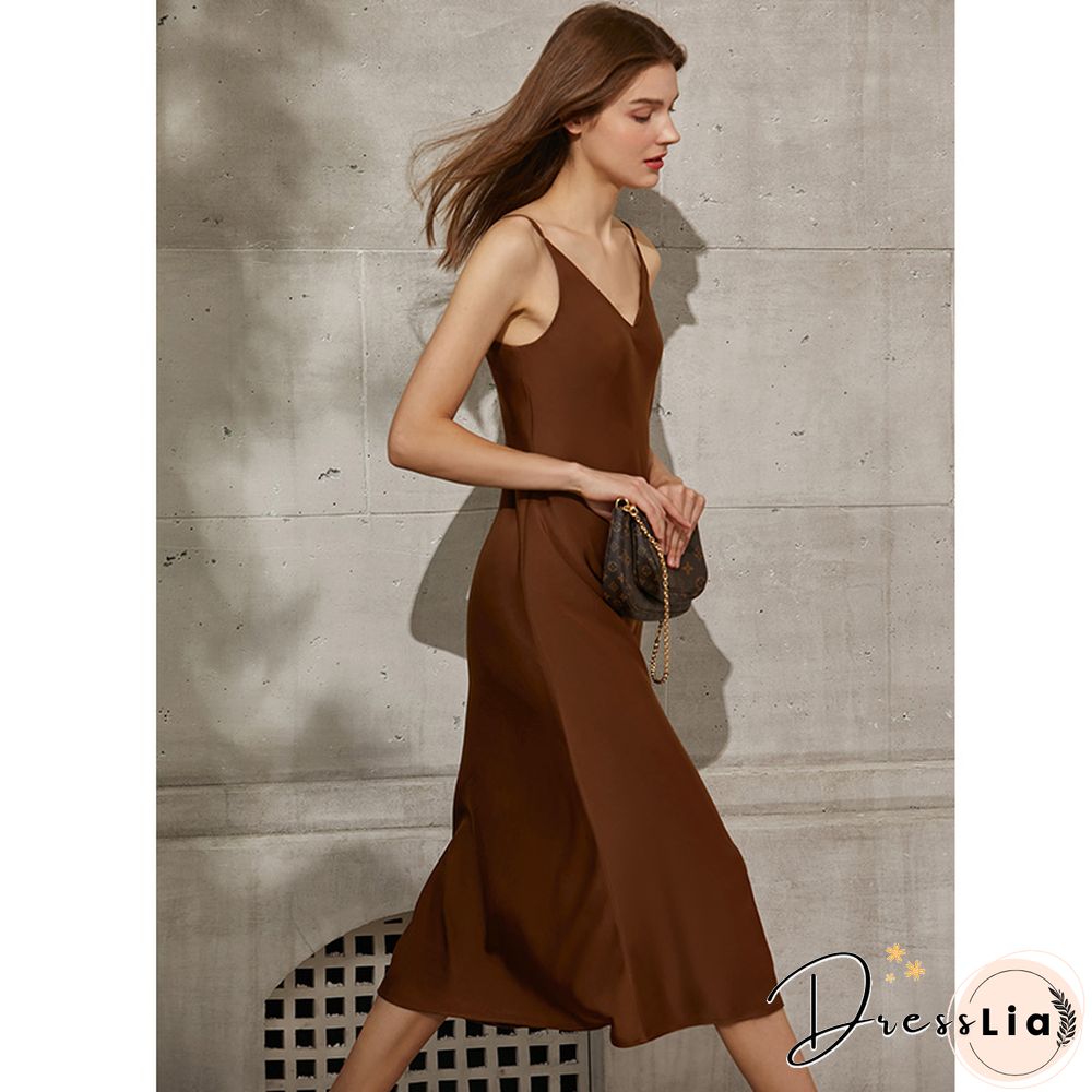 Minimalism Vintage Womens Summer Dress Offical Lady Solid Vneck Slim Fit Aline Calf Length Beach Dress For Women 12130034