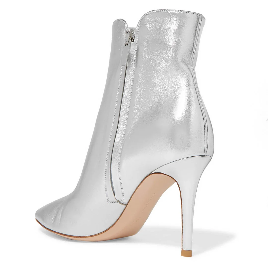 Silver Pointed Toe Stiletto Heel Ankle Boots with Side Zipper